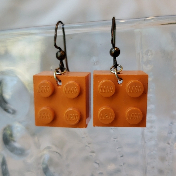 Lego Orange 2 x 2 Thick Brick Earrings  1.25" - Picture 1 of 4